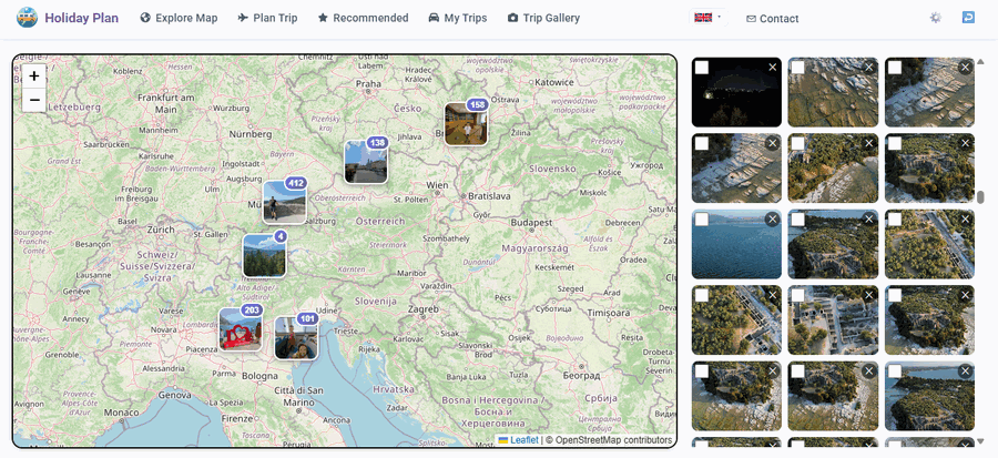 Travel photos pinned on a map next to a thumbnail sidebar in Trip Gallery